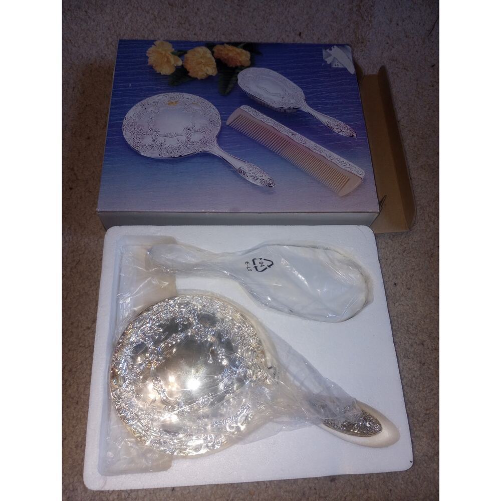 Elegant Silver Hair Brush and Mirror Set